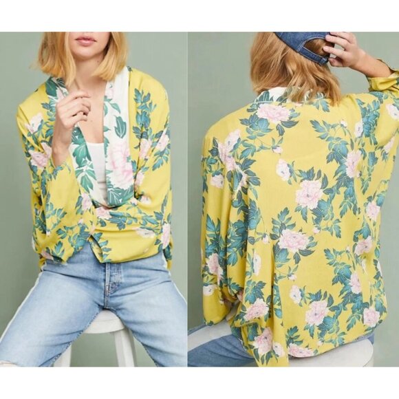 Anthropologie Elma Yellow Pink Floral Open Front Boho Kimono Top 37757 - Picture 1 of 9